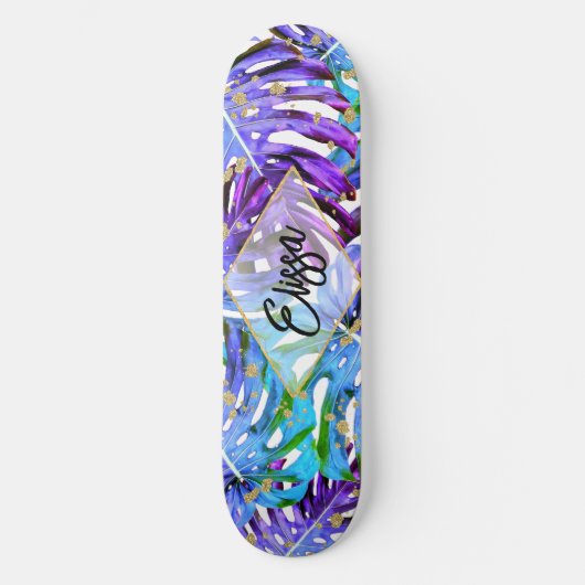 Tropische Blätter für lila und Gold-Glitzer Skateboard (Vorderseite)