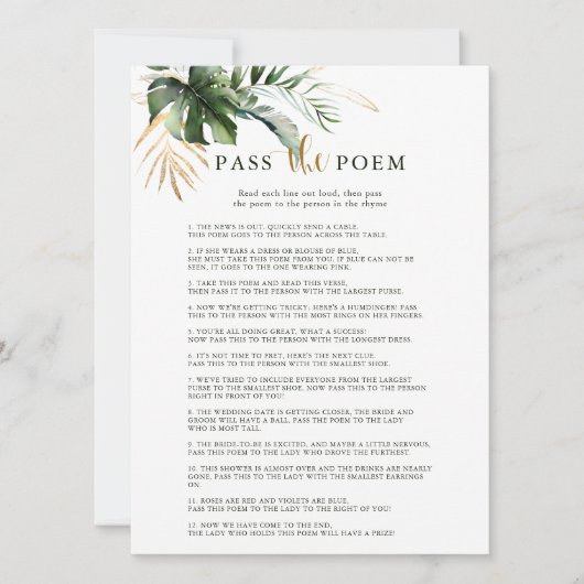 Tropische Blätter: Gedicht-Brautparty-Spiel Einladung (Vorderseite)