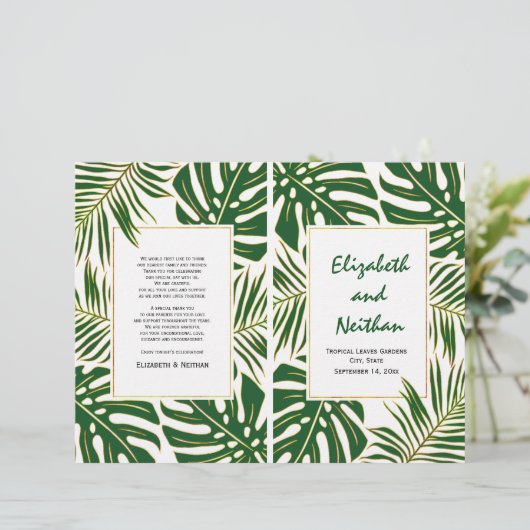 Tropische Blätter - gefaltetes Hochzeitsprogramm i (Stehend Vorderseite)
