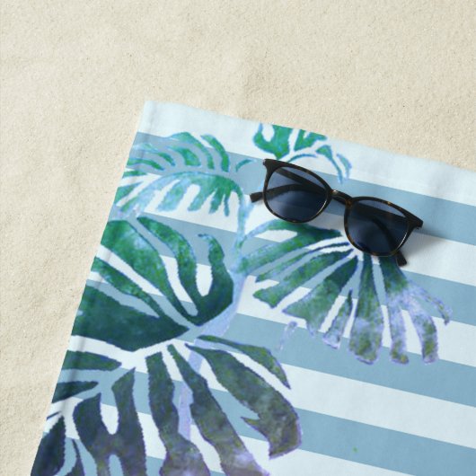 Tropische Blätter, gestreift, rosa Flamingos Strandtuch (Beispiel)