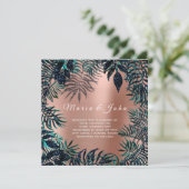 Tropische Blätter Glitzer Garden Blue Navy Aquamar Einladung (Stehend Vorderseite)