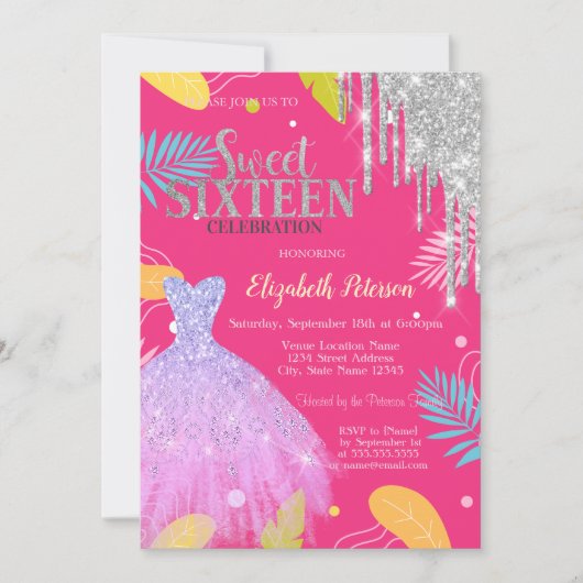 Tropische Blätter Glitzer Kleid Rosa Sweet 16 Einladung (Vorderseite)