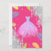 Tropische Blätter Glitzer Kleid Rosa Sweet 16 Einladung (Rückseite)