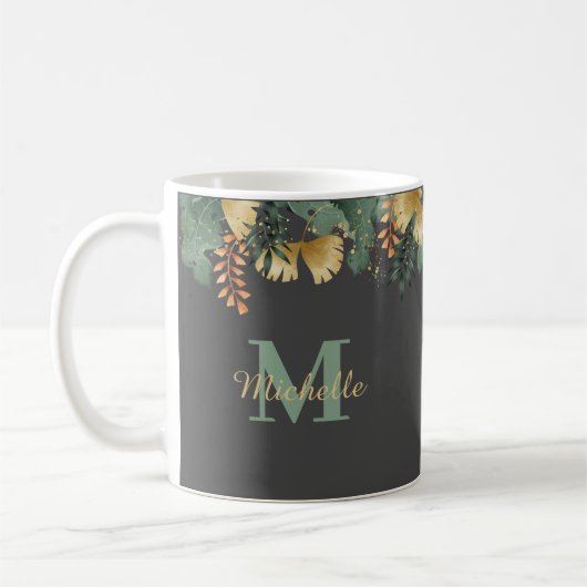Tropische Blätter Glitzer Monogram Thermal Tumbler Kaffeetasse (Links)