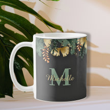 Tropische Blätter Glitzer Monogram Thermal Tumbler