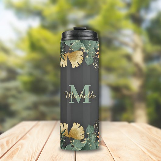 Tropische Blätter Glitzer Monogram Thermal Tumbler Thermosbecher