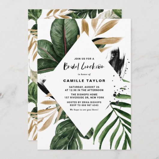 Tropische Blätter Gold Foil Rahmen Bridal Luncheon Einladung (Vorne/Hinten)