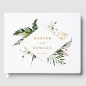 Tropische Blätter Gold Green Wedding Gästebuch (Vorderseite)