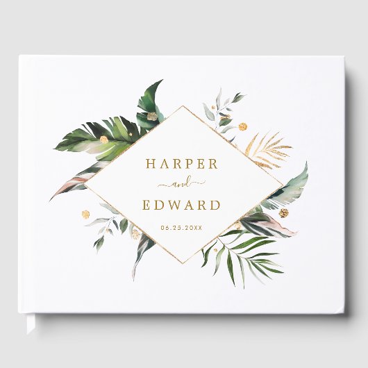 Tropische Blätter Gold Green Wedding Gästebuch (Vorderseite)