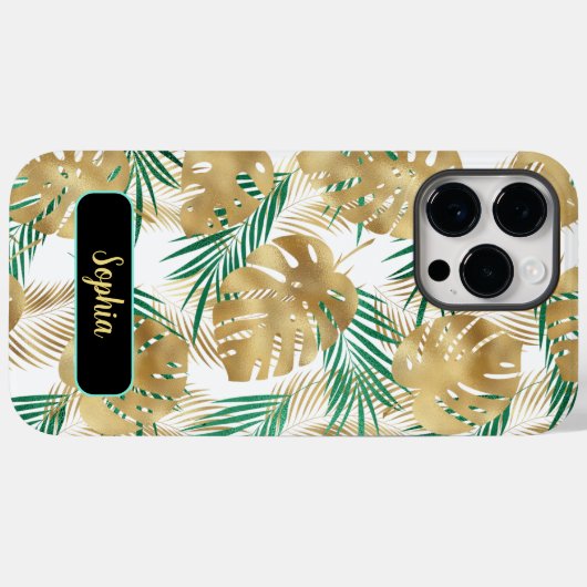Tropische Blätter Gold & Grün, Goldname, Weiß Case-Mate iPhone Hülle (Rückseite (Horizontal))