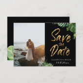 Tropische Blätter Gold Script Save the Date Foto Ankündigung (Vorne/Hinten)