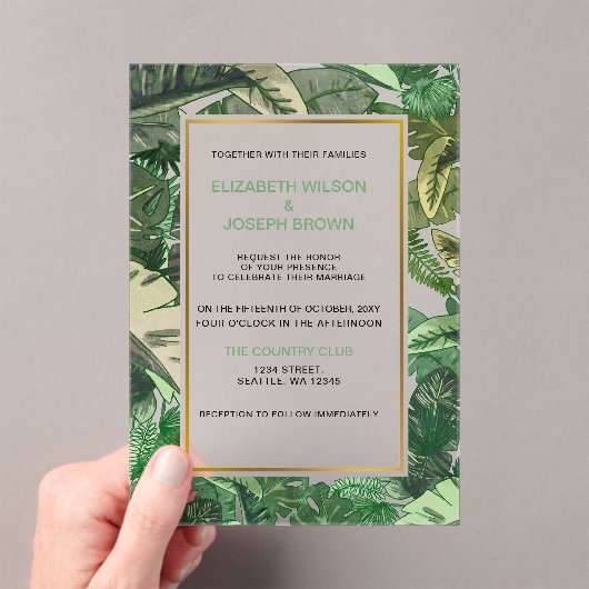 Tropische Blätter Goldgrün botanische Hochzeit Acryleinladungen (Insitu (Handheld))