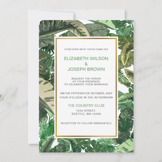Tropische Blätter Goldgrün botanische Hochzeit Einladung (Vorderseite)