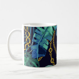 Tropische Blätter, Goldketten, nahtlos. Kaffeetasse