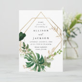 Tropische Blätter Goldrahmen-Hochzeit Einladung (Stehend Vorderseite)