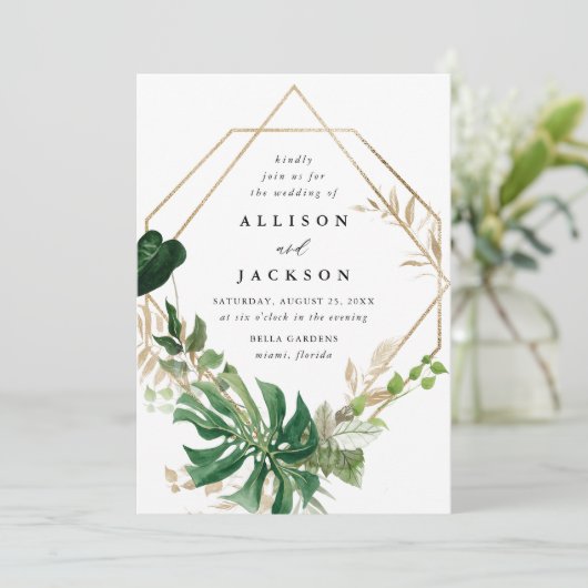 Tropische Blätter Goldrahmen-Hochzeit Einladung (Stehend Vorderseite)