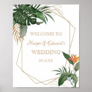 Tropische Blätter Goldrahmen-Hochzeit Poster
