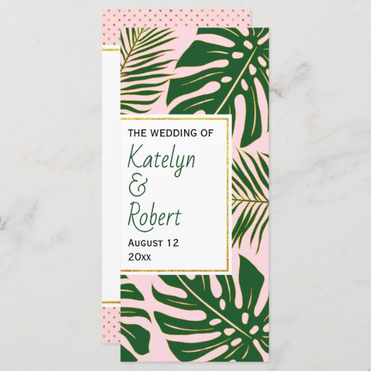 Tropische Blätter, grün, goldfarben, rosa Hochzeit Programm (Vorne/Hinten)