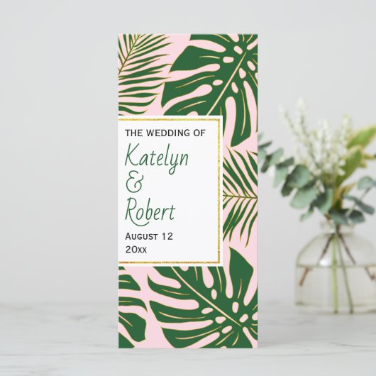 Tropische Blätter, grün, goldfarben, rosa Hochzeit Programm (Stehend Vorderseite)