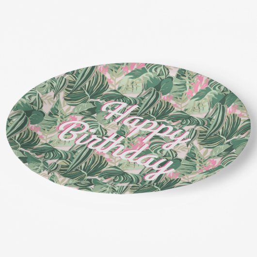 Tropische Blätter grün und rosa | Happy Birthday Pappteller (Schrägansicht)