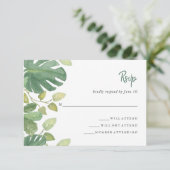 Tropische Blätter | Grün-Weiß-Hochzeitreaktion RSVP Karte (Stehend Vorderseite)