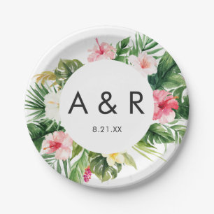 Tropische Blätter Hawaii Wedding Monogram Pappteller