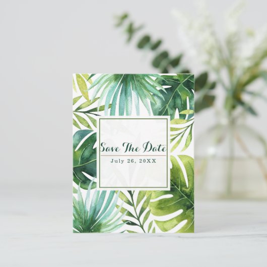 Tropische Blätter Hawaiianische Hochzeit retten da Ankündigungspostkarte (Stehend Vorderseite)