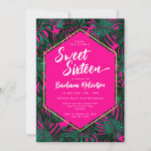 Tropische Blätter heißen rosa grünes 16 . Geburtst Einladung (Vorderseite)