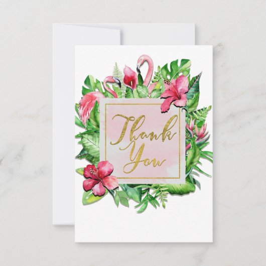 Tropische Blätter Hibiskus Flamingos Danke Karte (Vorderseite)