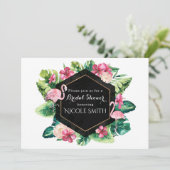 Tropische Blätter Hibiskus Flamingos Einladungen (Stehend Vorderseite)