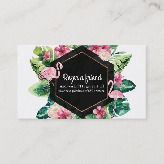 Tropische Blätter Hibiskus Flamingos Empfehlungskarte (Vorderseite)