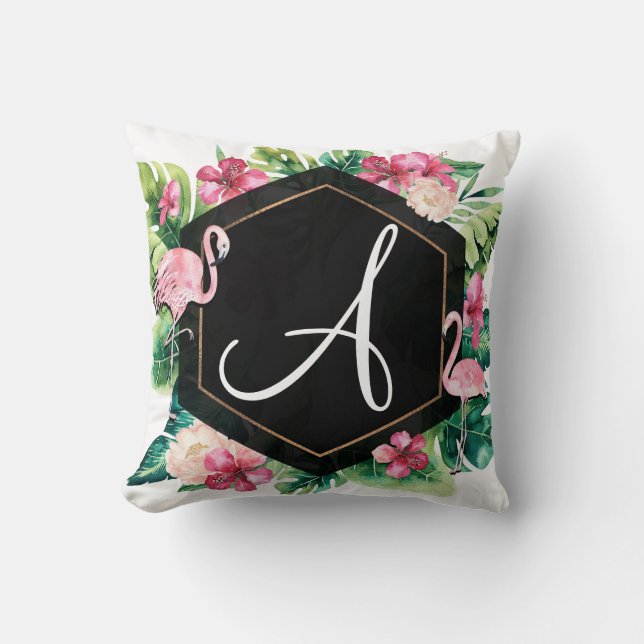 Tropische Blätter Hibiskus Flamingos Sommer Chic Kissen (Vorderseite)