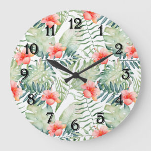 Tropische Blätter Hibiskus Floral Aquarell Große Wanduhr