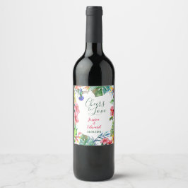 Tropische Blätter Hibiskus Hawaiianische Hochzeit Weinetikett