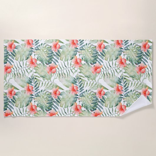 Tropische Blätter Hibiskus Wasserfarbe Strandtuch (Vorderseite)