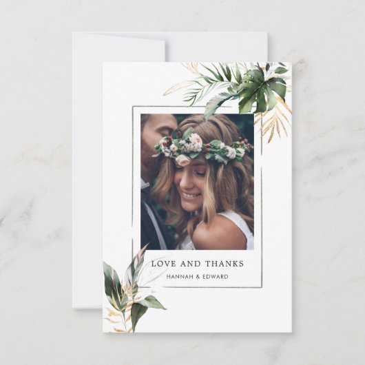 Tropische Blätter Hochzeit Foto Danke Karte (Vorderseite)