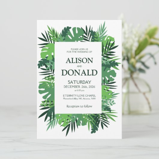 Tropische Blätter Hochzeit mit Palmenblättern Einladung (Stehend Vorderseite)