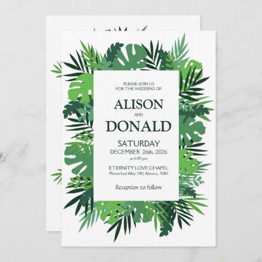 Tropische Blätter Hochzeit mit Palmenblättern Einladung (Vorne/Hinten)
