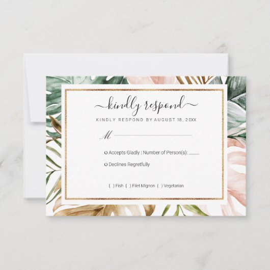 Tropische Blätter Hochzeit RSVP Karte (Vorderseite)