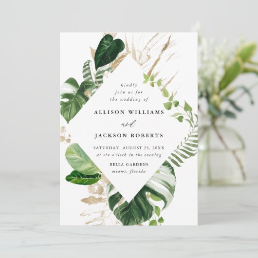 Tropische Blätter Hochzeit von botanischen Rahmen Einladung (Stehend Vorderseite)