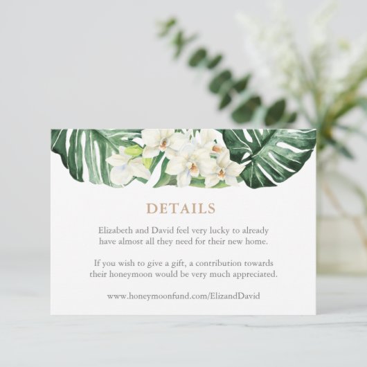 Tropische Blätter Hochzeitdetails oder Registrieru Begleitkarte (Stehend Vorderseite)