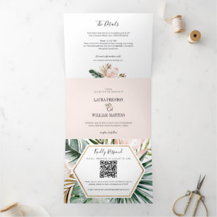 Tropische Blätter Hochzeiten RSVP QR Code Details Dreifach Gefaltete Einladung