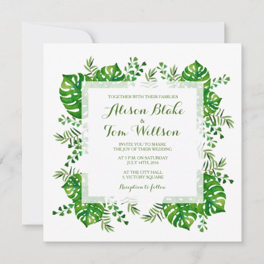 Tropische Blätter Hochzeitsfeier Einladung (Vorderseite)