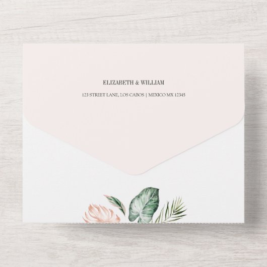 Tropische Blätter Hochzeitsfeier Foto mit UAWG Det All In One Einladung (Rückseite)