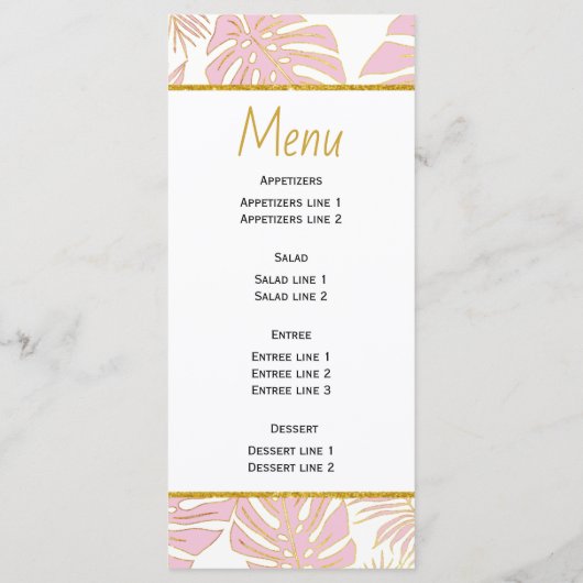 Tropische Blätter - Hochzeitskarte Rosa und Gold Menükarte (Rückseite)