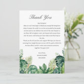 Tropische Blätter Hochzeitstische Dankeskarte (Stehend Vorderseite)