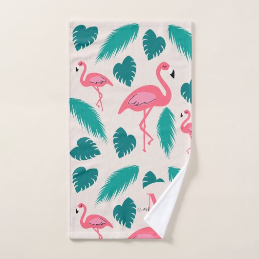 Tropische Blätter Hot Pink Flamingo Modernes Monog Badhandtuch Set (Handtuch)