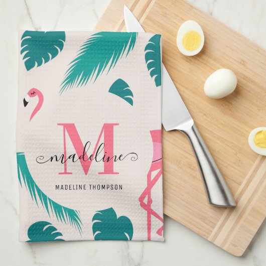 Tropische Blätter Hot Pink Flamingo Modernes Monog Geschirrtuch (Viertel Falte)