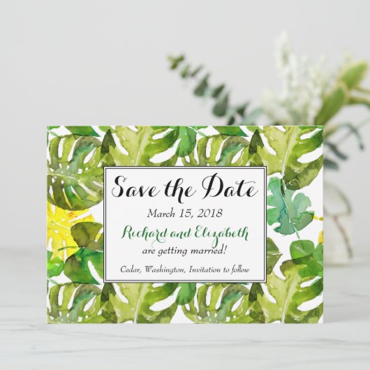 Tropische Blätter im Wasserbereich Hochzeit Sicher Einladung (Stehend Vorderseite)