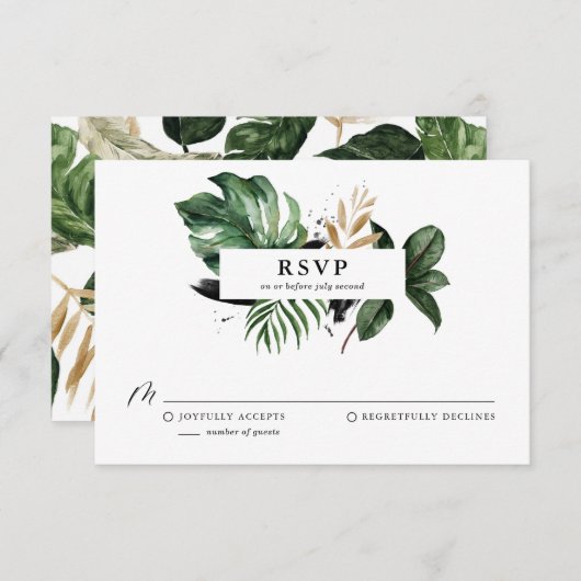 Tropische Blätter Imitate Gold Foil Hochzeit RSVP (Vorne/Hinten)